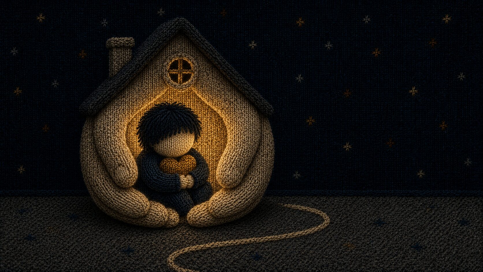 刺繍風イラスト。両手のかたちの家に抱かれ、あたたかな灯りに包まれる子ども