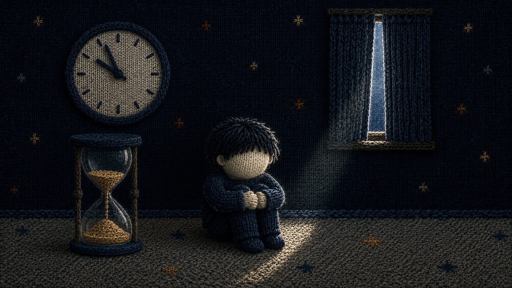 刺繍風イラスト。編み目でできた時計と砂時計のそばで、膝を抱えてうずくまる子ども