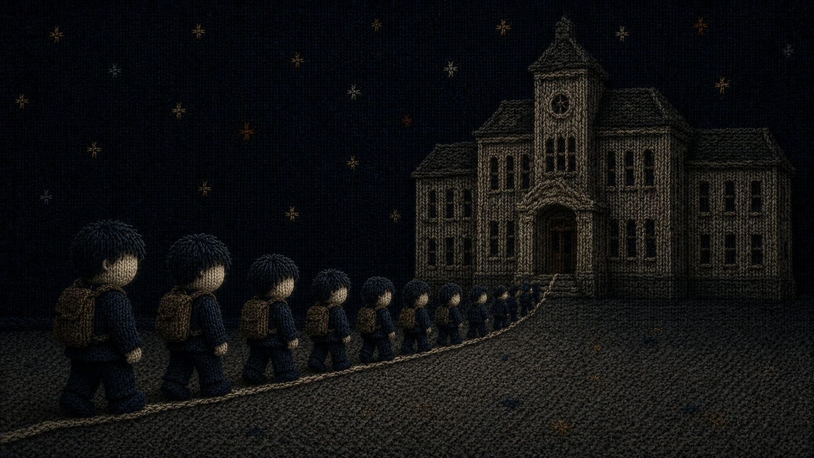 刺繍風イラスト。古い施設へと、小さな子どもたちが糸の道を一列で歩いていく