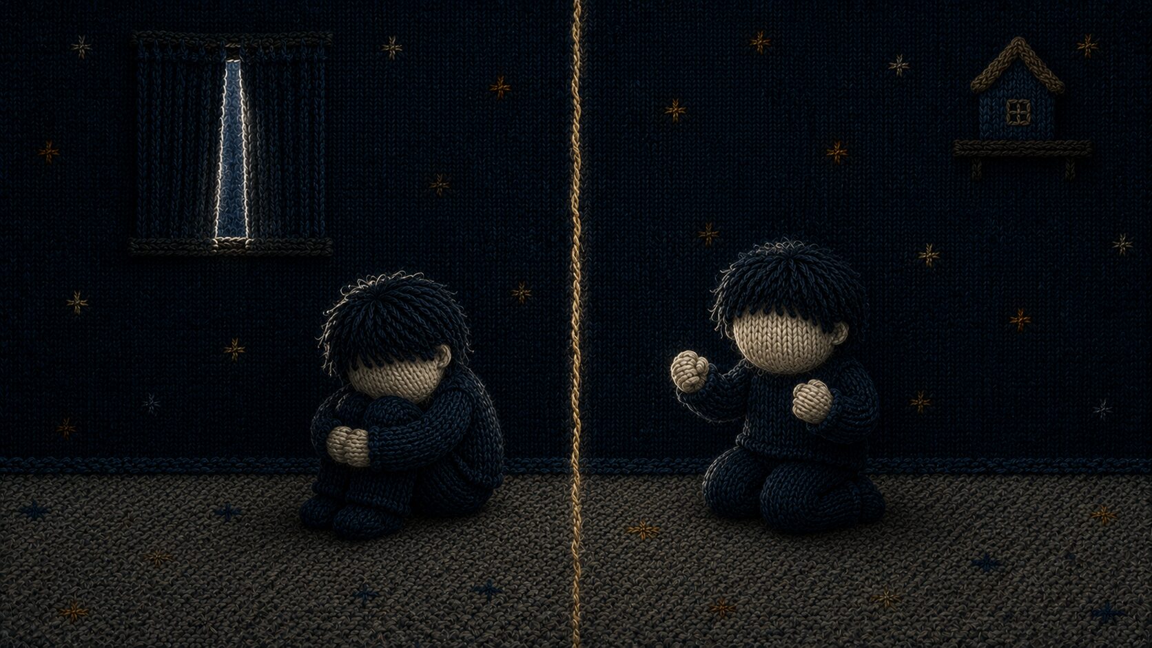 刺繍風イラスト。糸で仕切られた一室で、うずくまる子とこぶしを握る子が背を向け合う