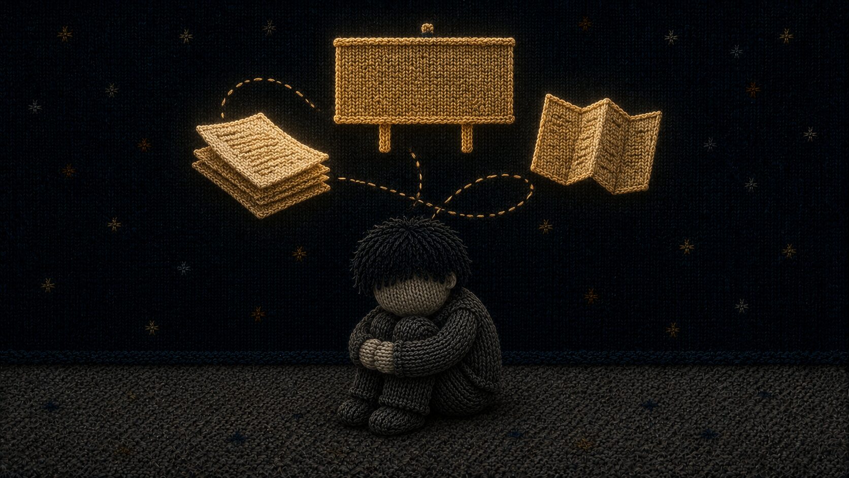 刺繍風イラスト。金色に輝く真新しい看板と書類の下で、変わらずうずくまる子ども